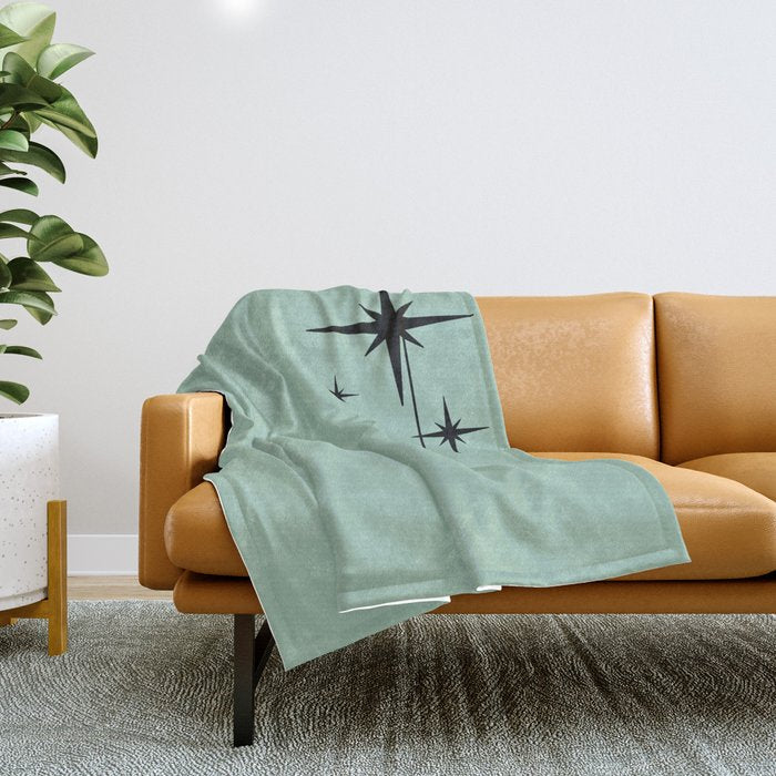 1950s Atomic Age Retro Starbursts in Aqua Mint and Black Throw Blanket