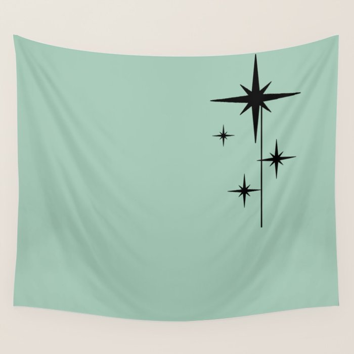 1950s Atomic Age Retro Starbursts in Aqua Mint and Black Wall Tapestry