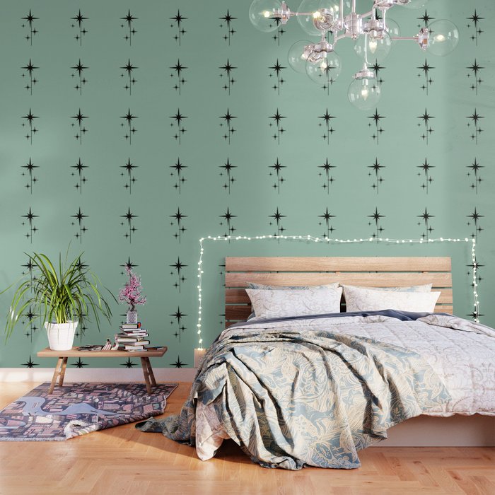 1950s Atomic Age Retro Starbursts in Aqua Mint and Black Wallpaper