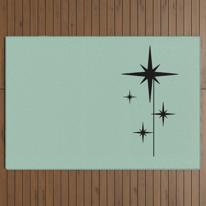 1950s Atomic Age Retro Starbursts in Aqua Mint and Black Outdoor Rug
