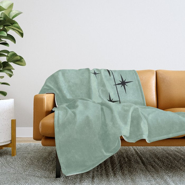1950s Atomic Age Retro Starbursts in Aqua Mint and Black Throw Blanket