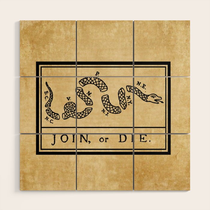 1776 "Join, or Die" Revolutionary War flag with 13 colonies, snake & no colors by Benjamin Franklin Wood Wall Art