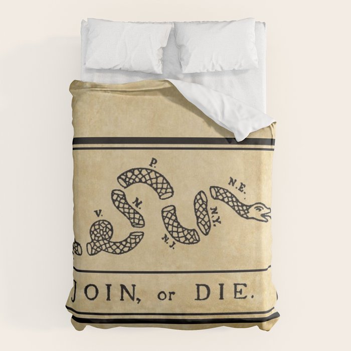 1776 "Join, or Die" Revolutionary War flag with 13 colonies, snake & no colors by Benjamin Franklin Duvet Cover