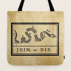 1776 "Join, or Die" Revolutionary War flag with 13 colonies, snake & no colors by Benjamin Franklin Tote Bag