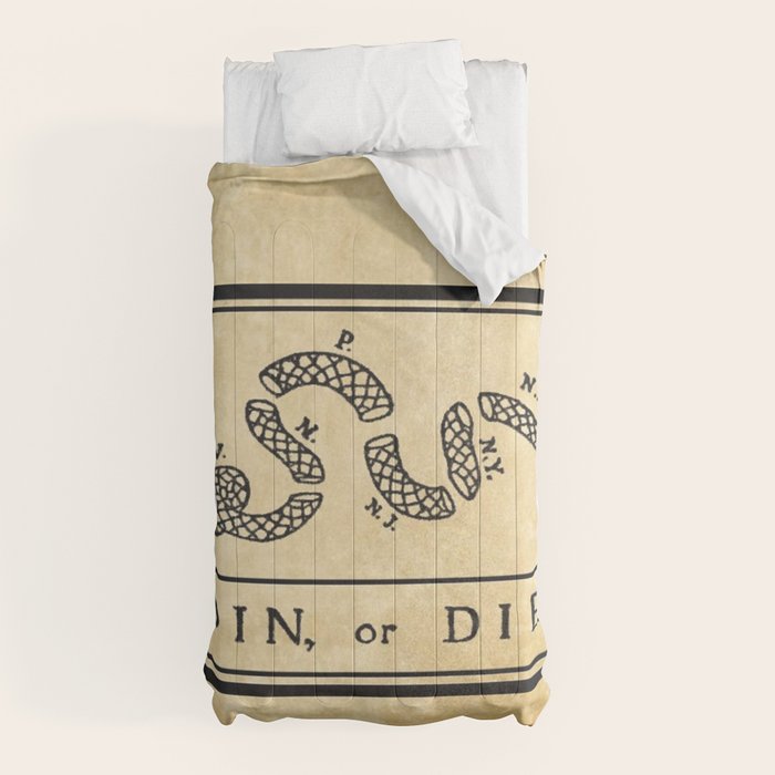 1776 "Join, or Die" Revolutionary War flag with 13 colonies, snake & no colors by Benjamin Franklin Comforter