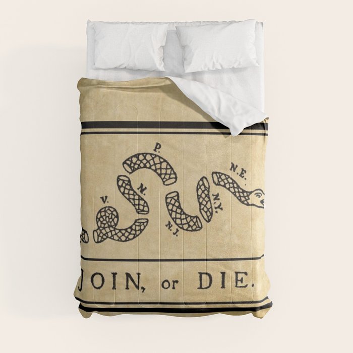 1776 "Join, or Die" Revolutionary War flag with 13 colonies, snake & no colors by Benjamin Franklin Comforter