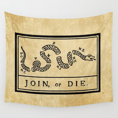 1776 "Join, or Die" Revolutionary War flag with 13 colonies, snake & no colors by Benjamin Franklin Wall Tapestry