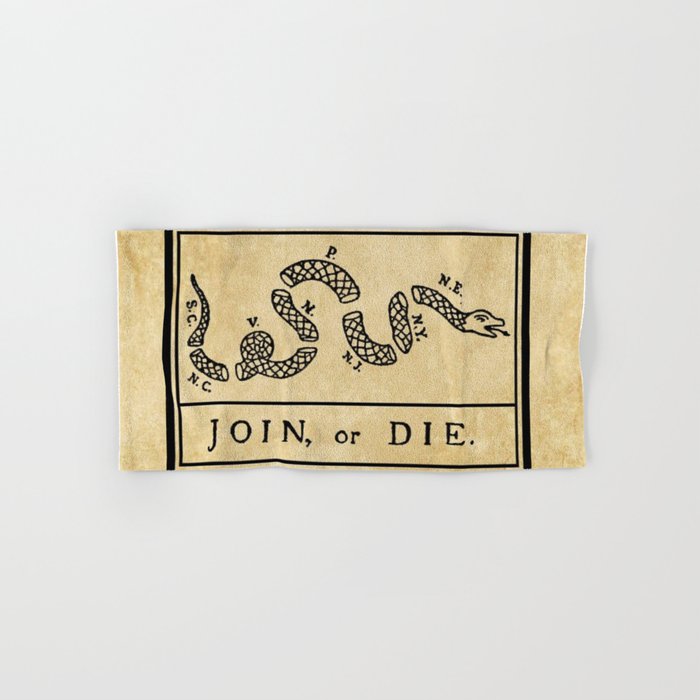 1776 "Join, or Die" Revolutionary War flag with 13 colonies, snake & no colors by Benjamin Franklin Bath Towel