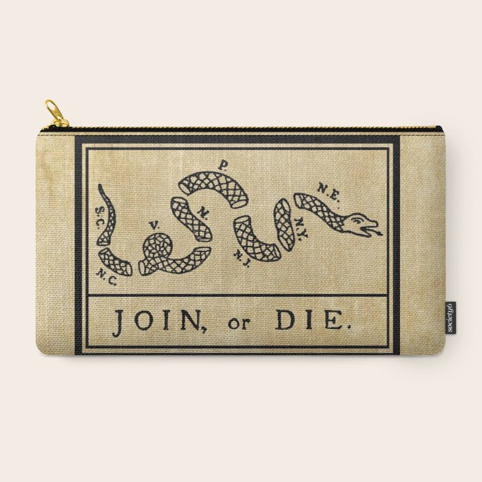 1776 "Join, or Die" Revolutionary War flag with 13 colonies, snake & no colors by Benjamin Franklin Carry All Pouch