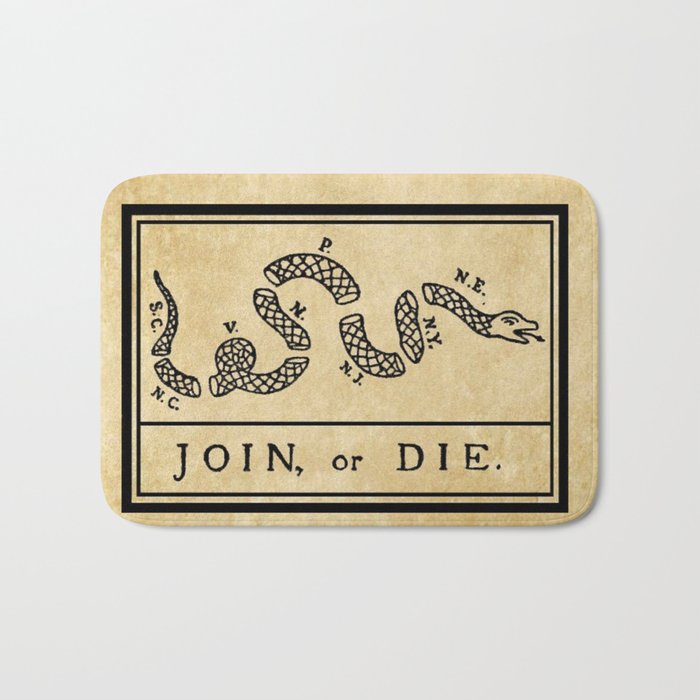 1776 "Join, or Die" Revolutionary War flag with 13 colonies, snake & no colors by Benjamin Franklin Bath Mat