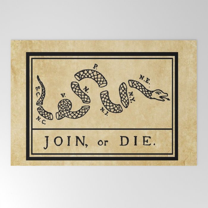 1776 "Join, or Die" Revolutionary War flag with 13 colonies, snake & no colors by Benjamin Franklin Welcome Mat