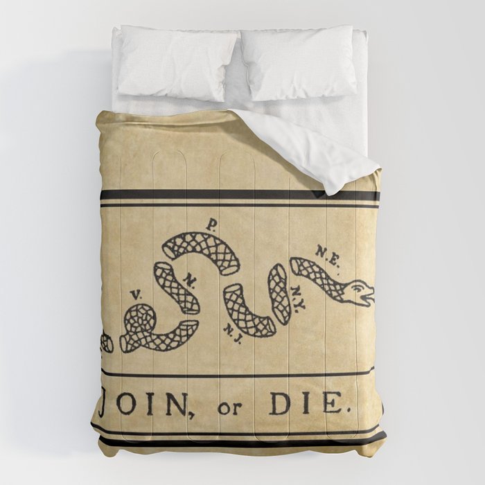 1776 "Join, or Die" Revolutionary War flag with 13 colonies, snake & no colors by Benjamin Franklin Comforter