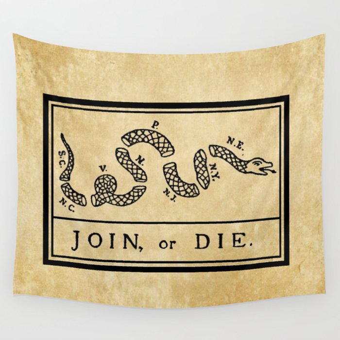 1776 "Join, or Die" Revolutionary War flag with 13 colonies, snake & no colors by Benjamin Franklin Wall Tapestry