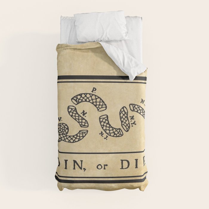 1776 "Join, or Die" Revolutionary War flag with 13 colonies, snake & no colors by Benjamin Franklin Duvet Cover