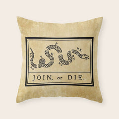 1776 "Join, or Die" Revolutionary War flag with 13 colonies, snake & no colors by Benjamin Franklin Throw Pillow
