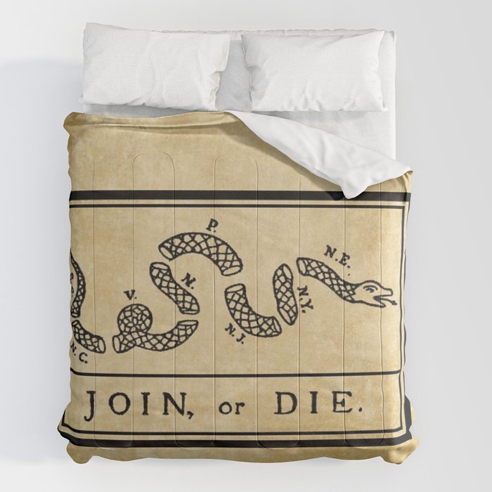 1776 "Join, or Die" Revolutionary War flag with 13 colonies, snake & no colors by Benjamin Franklin Comforter