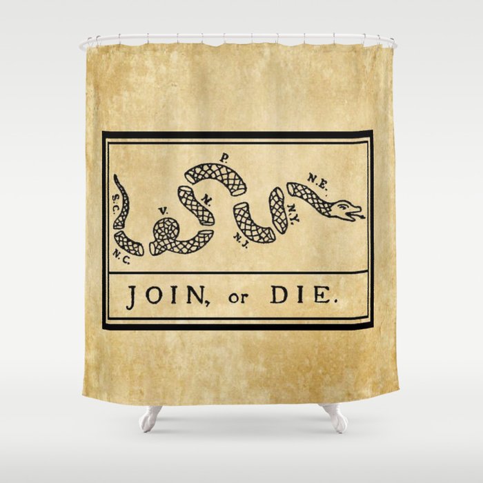 1776 "Join, or Die" Revolutionary War flag with 13 colonies, snake & no colors by Benjamin Franklin Shower Curtain