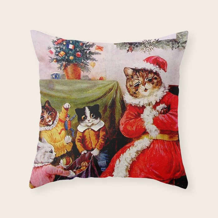 A Merry Christmas' Vintage Cat Art by Louis Wain Throw Pillow