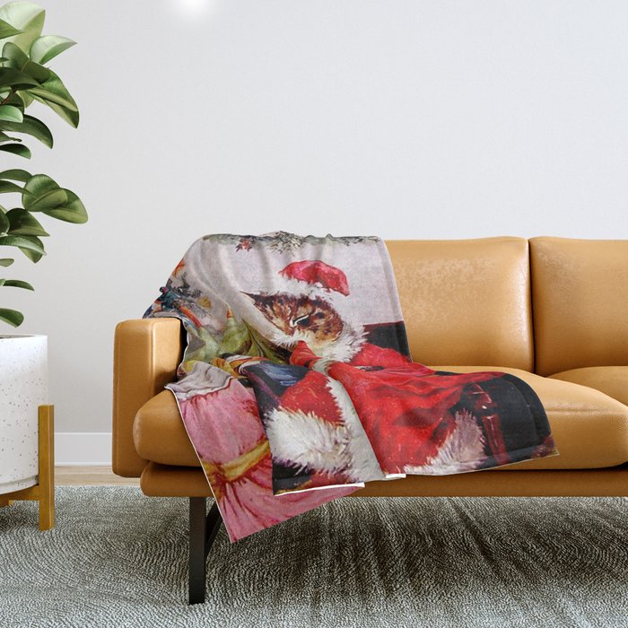 A Merry Christmas' Vintage Cat Art by Louis Wain Throw Blanket