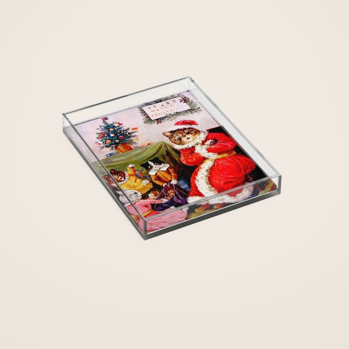A Merry Christmas' Vintage Cat Art by Louis Wain Acrylic Tray