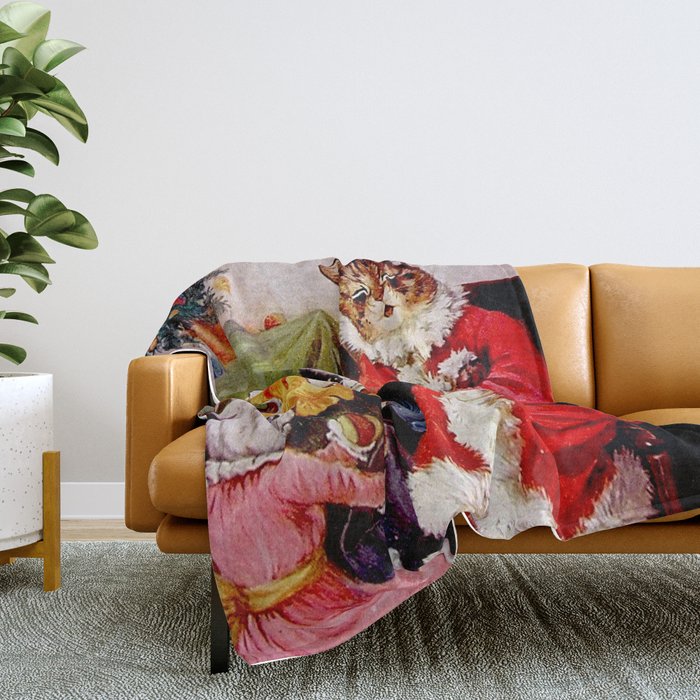 A Merry Christmas' Vintage Cat Art by Louis Wain Throw Blanket