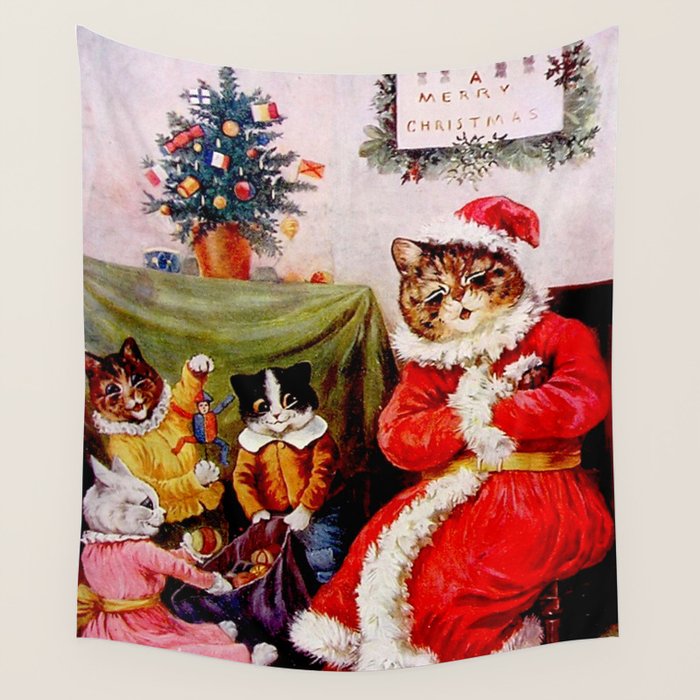 A Merry Christmas' Vintage Cat Art by Louis Wain Wall Tapestry