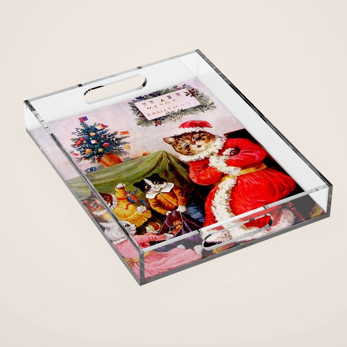 A Merry Christmas' Vintage Cat Art by Louis Wain Acrylic Tray
