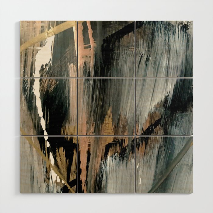 01025: a neutral abstract in gold, black, and white Wood Wall Art