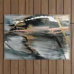01025: a neutral abstract in gold, black, and white Outdoor Rug