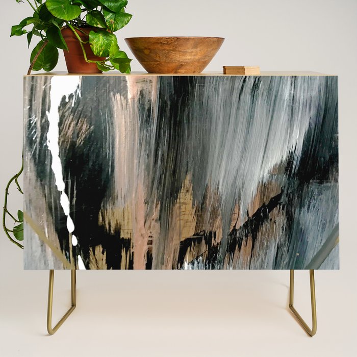 01025: a neutral abstract in gold, black, and white Credenza