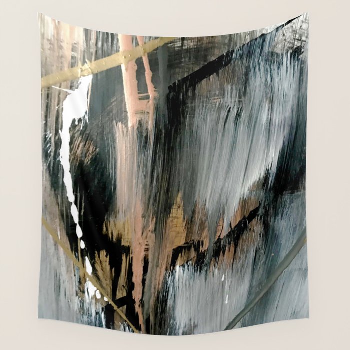 01025: a neutral abstract in gold, black, and white Wall Tapestry