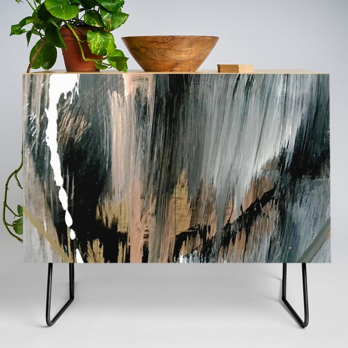 01025: a neutral abstract in gold, black, and white Credenza