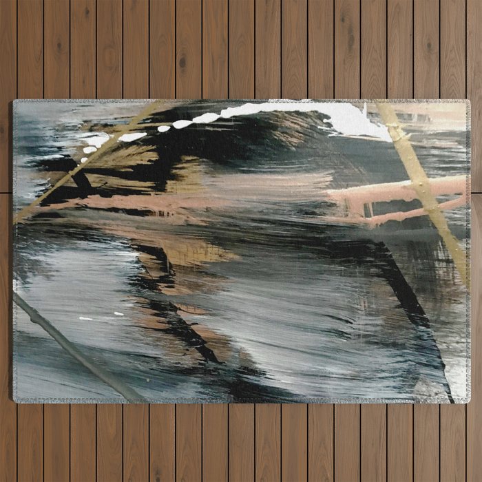 01025: a neutral abstract in gold, black, and white Outdoor Rug