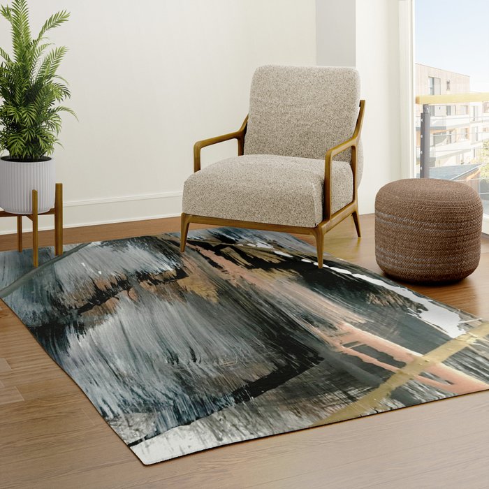 01025: a neutral abstract in gold, black, and white Rug