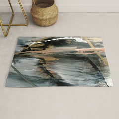 01025: a neutral abstract in gold, black, and white Rug