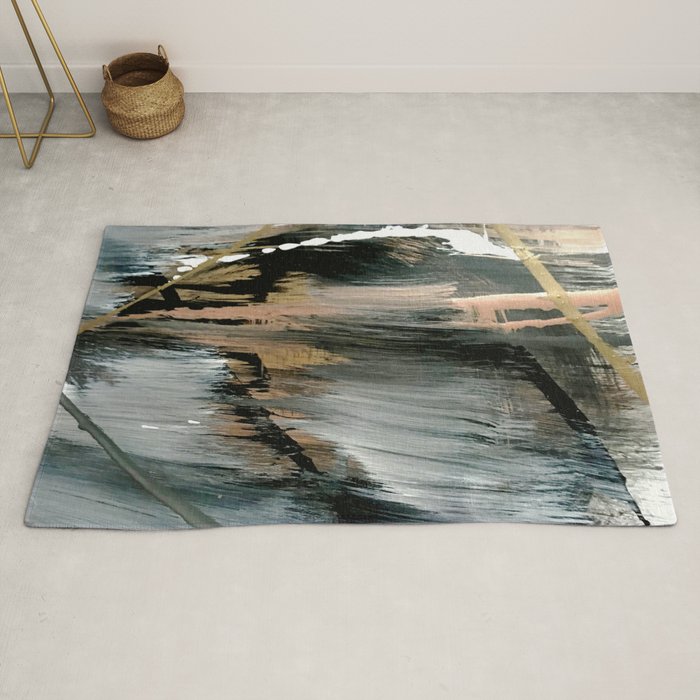 01025: a neutral abstract in gold, black, and white Rug