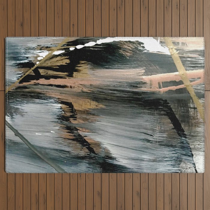 01025: a neutral abstract in gold, black, and white Outdoor Rug