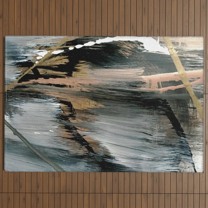 01025: a neutral abstract in gold, black, and white Outdoor Rug