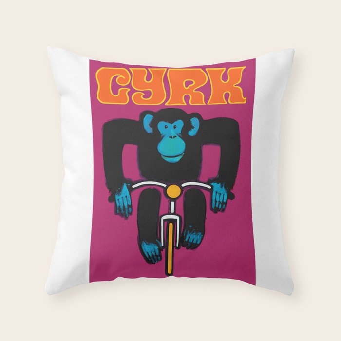1968 CYRK Cycling Chimpanzee Polish Circus Poster Throw Pillow