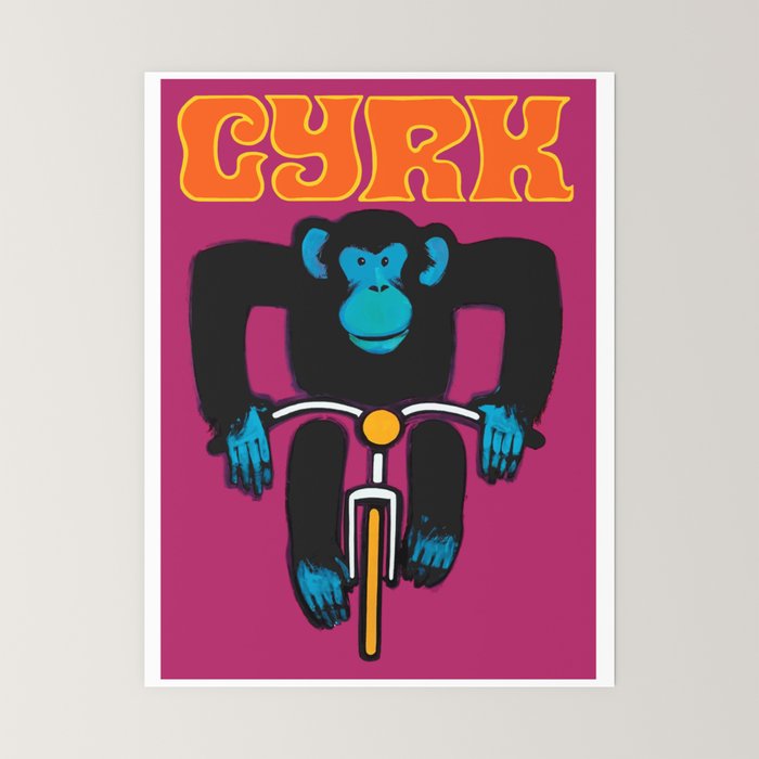 1968 CYRK Cycling Chimpanzee Polish Circus Poster Mini Art Print
