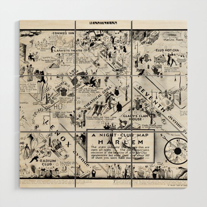 1932 Night-Club Map of Harlem, NY Centerfold from Manhattan Weekly by Elmer Simms Campbell Wood Wall Art
