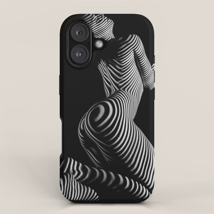 0721s-MM BW Fine Art Nude Tiger Striped Woman on Her Knees iPhone Case