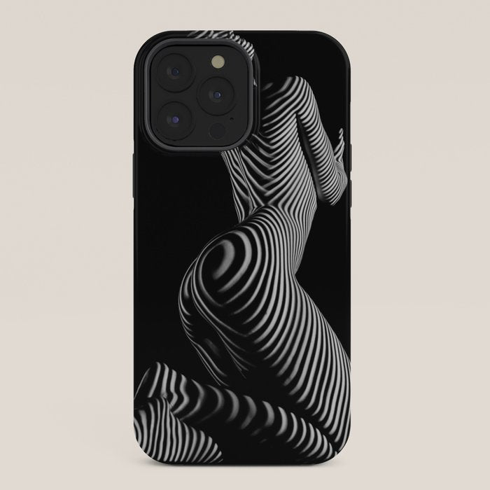 0721s-MM BW Fine Art Nude Tiger Striped Woman on Her Knees iPhone Case