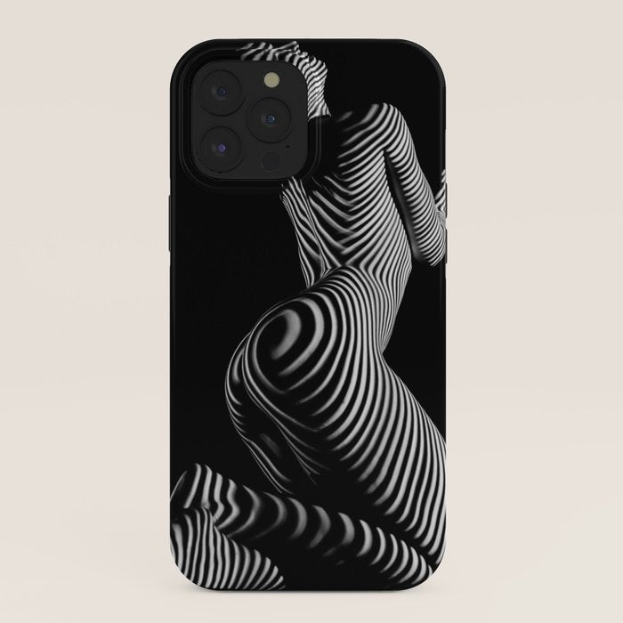 0721s-MM BW Fine Art Nude Tiger Striped Woman on Her Knees iPhone Case