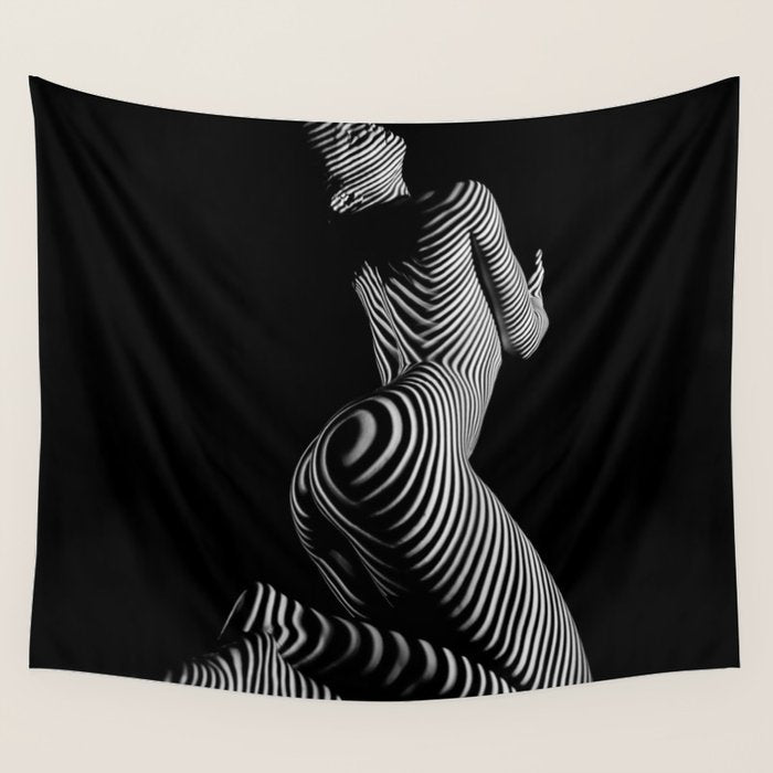 0721s-MM BW Fine Art Nude Tiger Striped Woman on Her Knees Wall Tapestry