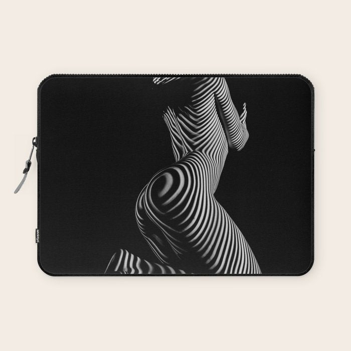 0721s-MM BW Fine Art Nude Tiger Striped Woman on Her Knees Laptop Sleeve