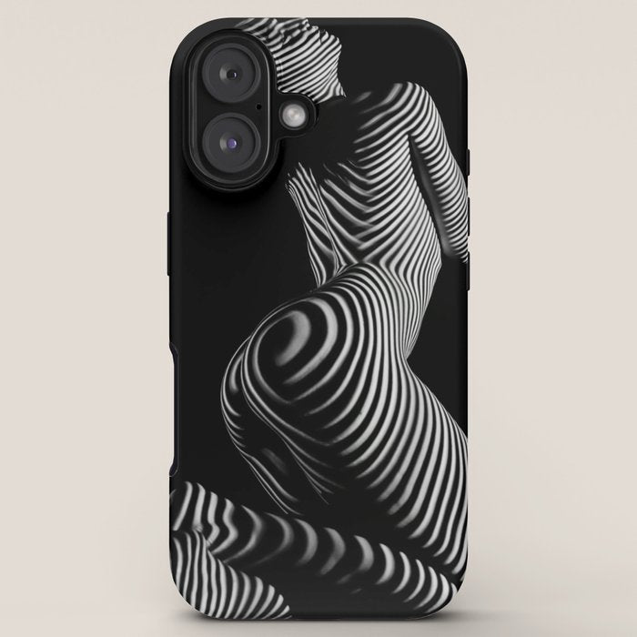 0721s-MM BW Fine Art Nude Tiger Striped Woman on Her Knees iPhone Case