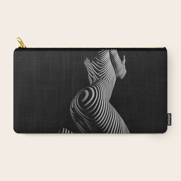 0721s-MM BW Fine Art Nude Tiger Striped Woman on Her Knees Carry All Pouch