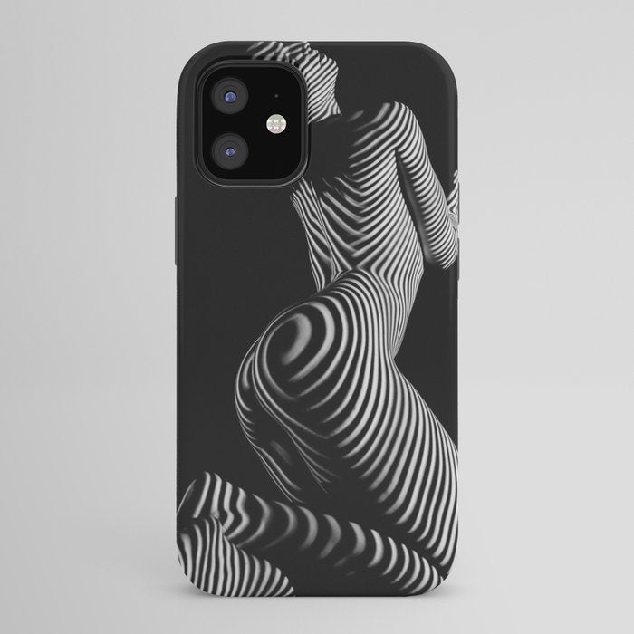 0721s-MM BW Fine Art Nude Tiger Striped Woman on Her Knees iPhone Case