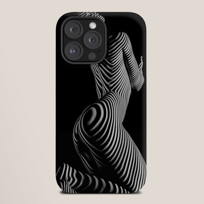0721s-MM BW Fine Art Nude Tiger Striped Woman on Her Knees iPhone Case